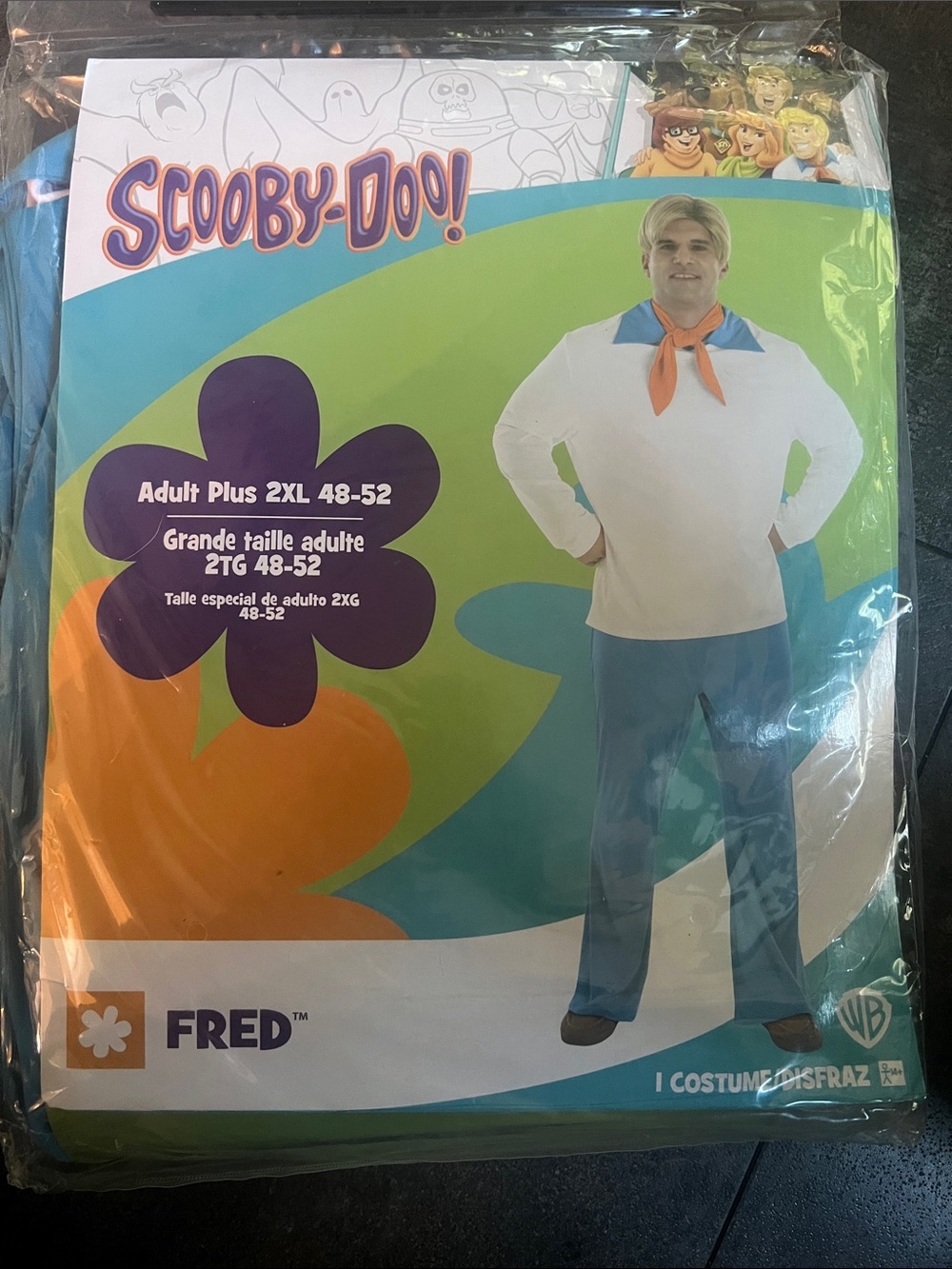 Adult 2X Scooby -Doo Fred Costume White Shirt & Blue Pants w/ Orange Neck Scarf